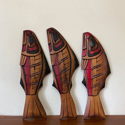 Sale Photo Thumbnail #25: GLEN EDWARDS, THREE SALMON CARVED ON CEDAR
