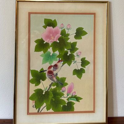 Sale Photo Thumbnail #49: UCHIDA ART, HIBISCUS WITH SONGBIRD POLYCHROME WOODCUT