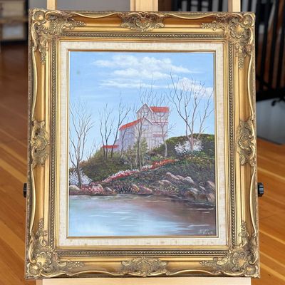 Sale Photo Thumbnail #5: BUILDING ON ROCKY SHORELINE, OIL PAINTING
