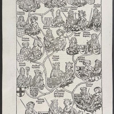 Schedel, pub. 1493 - Geneaogical or Family Tree of Emperor Henry II / Verso: Historic Figures, Scaled Buildings, Celestial Events