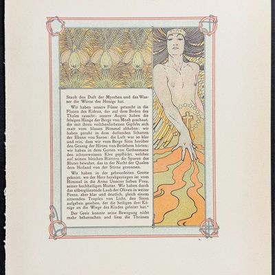 Mucha - Ornately Illustrated Page with Image and Text to each side