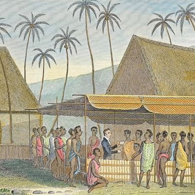 Ellis, Hawaii - A Missionary Preaching to the Natives, under a Skreen of platted Cocoa-nut leaves at Kairua [Sandwich Islands]