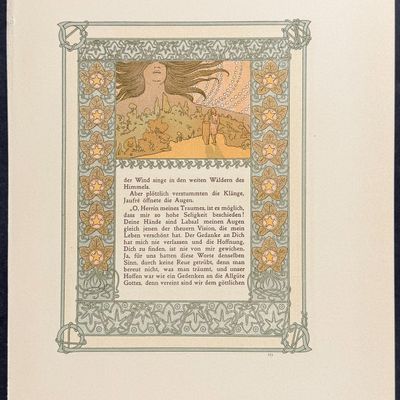 Mucha - Ornately Illustrated Page with Image and Text to each side
