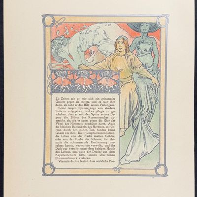 Mucha - Ornately Illustrated Page with Image and Text to each side