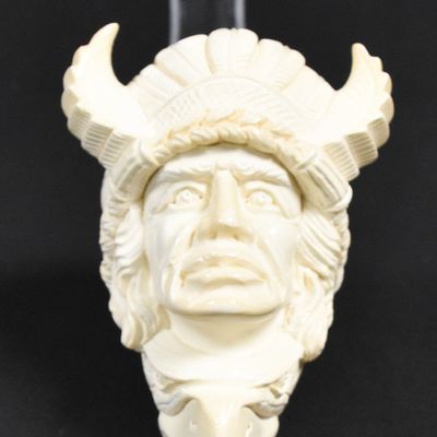 Sale Photo Thumbnail #249: Carved Block Meerschaum Native American Chieftain Pipe, Unsmoked