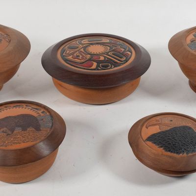 5 Steven Evans Hand Turned Wood Bowls With Tooled Leather Lids