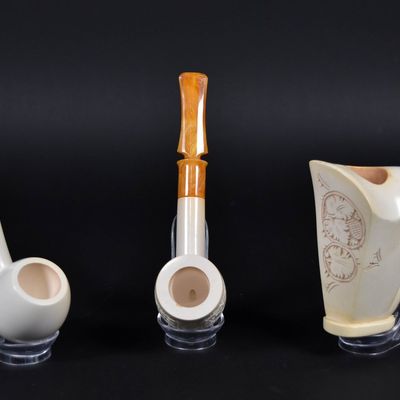 Sale Photo Thumbnail #241: 3 Ismet Bekler Block Meerschaum Tobacco Pipes and CAO Case, Unsmoked