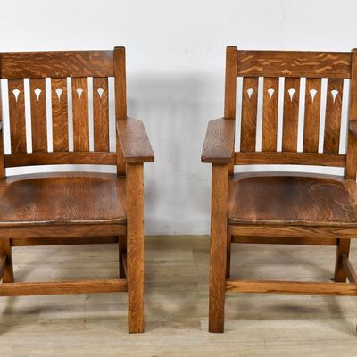 Sale Photo Thumbnail #107: Pair of Mission Style Quarter Sawn Oak Armchairs