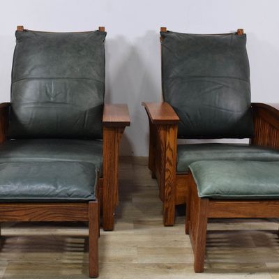 Sale Photo Thumbnail #104: Pair of Mission Style Quarter Sawn Oak Adjustable Lounge Chairs and Ottomans