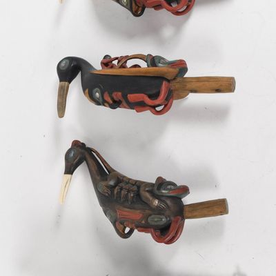 4 Northwest Coast First Nations Polychrome Carved Wood Raven Rattles