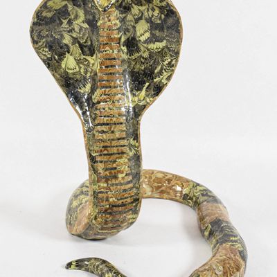 Handcrafted Marbled Paper Mache and Wood King Cobra Sculpture