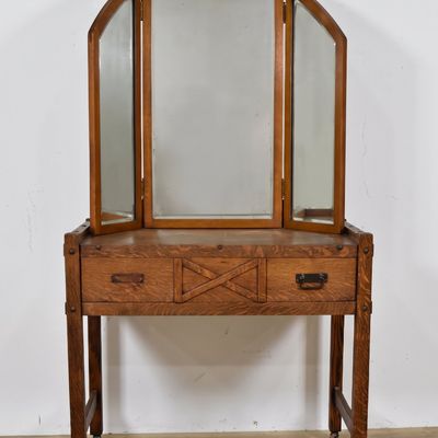 Sale Photo Thumbnail #101: Arts And Crafts Quartersawn Oak Writing Desk And Trifold Mirror