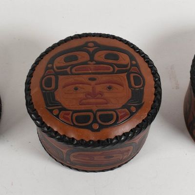 3 Steven C. Evans Northwest Coast Style Carved Leather Hat Boxes