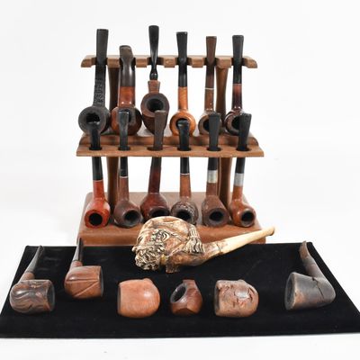 Sale Photo Thumbnail #250: 19 Sandor and Guardsman Briar and Carved Meerschaum Tobacco Pipes With Rack