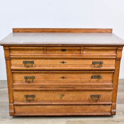 Eastlake Style Quartersawn Oak Chest of Drawers with Marble Top