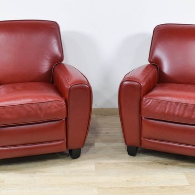 Sale Photo Thumbnail #108: Pair of Levenger Red Leather Club Chairs
