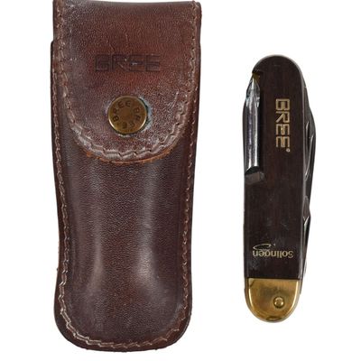 Sale Photo Thumbnail #273: 1 BREE Solingen Wood and Brass Multi-Tool Pocket Knife with Leather Sheath