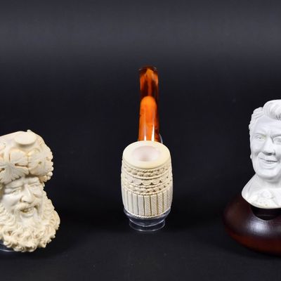 Sale Photo Thumbnail #242: 3 Altinok Hand Carved Block Meerschaum Figural Tobacco Pipes, Unsmoked