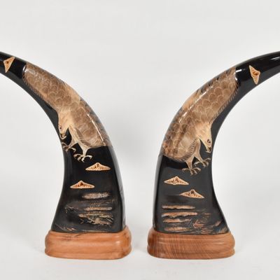 Pair of Water Buffalo Horn Eagle Relief Carvings