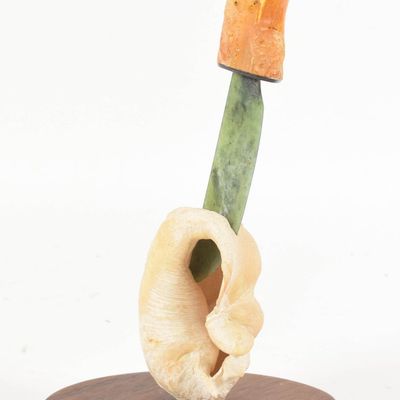 J. Schader Mixed Media Amber and Nephrite Jade Knife Sculpture