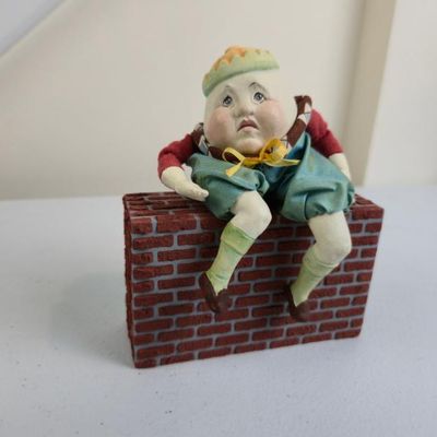Sale Photo Thumbnail #131: Handmade Humpty Dumpty Folk Art Doll On Brick Wall – Mixed Media Nursery Rhyme Figurine