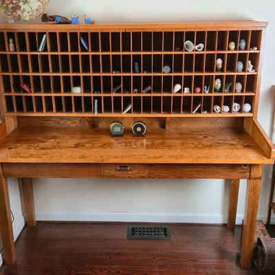 Sale Photo Thumbnail #64: Vintage Oak Post Office Sorting Desk With 100+ Cubbies – John F. Custis Philadelphia – 70"