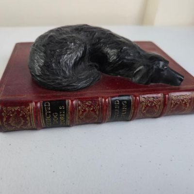 Sale Photo Thumbnail #31: Handmade English Sleeping Black Dog Sculpture On Rudyard Kipling Collected Dog Stories Book