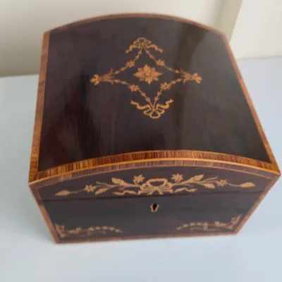 Sale Photo Thumbnail #6: Antique 19th Century Rosewood Domed Sewing Box – Kingwood & Boxwood Floral Inlay – Circa 1830