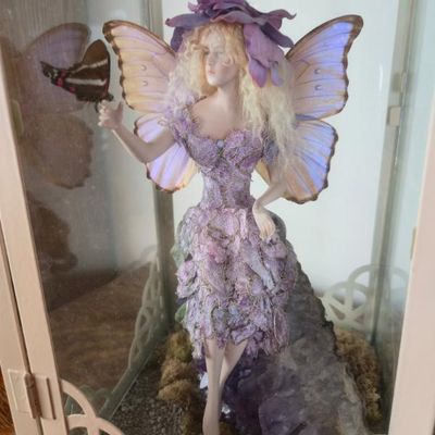 Sale Photo Thumbnail #68: 24" Decorative White Metal Lantern With Purple Fairy Figurine & Natural Amethyst Crystal Display