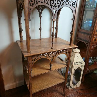 Sale Photo Thumbnail #66: Antique Style Oak Etagere Display Shelf – Ornate Victorian Gothic Design – 47"