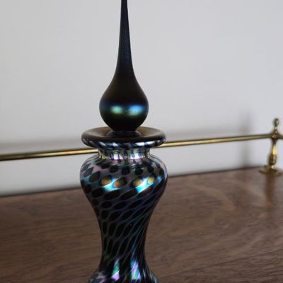 Sale Photo Thumbnail #93: Stuart Abelman Signed 1994 Iridescent Art Glass Perfume Bottle With Stopper – 7"