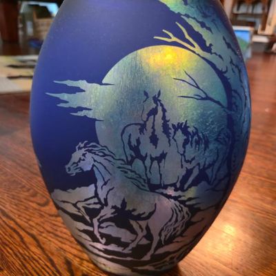 Sale Photo Thumbnail #41: Fenton Wild Horses Favrene Art Glass Vase – Signed J.K. Robin Spindler – 100th Anniversary – 709/950 – 12"