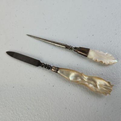 Sale Photo Thumbnail #40: Pair Of Antique Style Mother-of-Pearl Handled Manicure Tools – Nail File & Pointed Tool – 4"