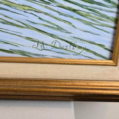 Sale Photo Thumbnail #152: M. Dwelley Signed Coastal Harbor Landscape Artwork – Fishing Village & Boat – Frame