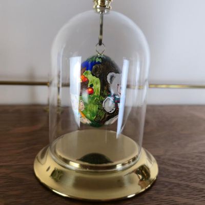 Sale Photo Thumbnail #123: Hand Painted Teddy Bear Decorative Egg Ornament With Glass Dome & Gold Tone Base – 5"