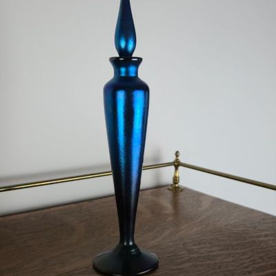 Sale Photo Thumbnail #100: Signed Blue Iridescent Art Glass Perfume Bottle With Stopper – 10.25"