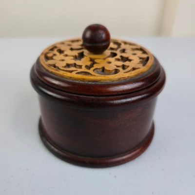 Sale Photo Thumbnail #34: Small Round Wooden Potpourri / Trinket Box – Pierced Floral Lid – 3"