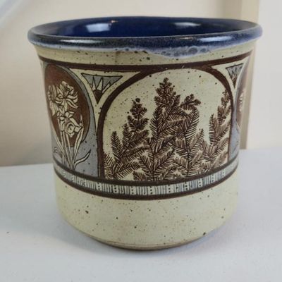Sale Photo Thumbnail #153: Signed Studio Art Pottery Planter – Botanical Fern & Floral Design – Blue Glazed Interior – 7"