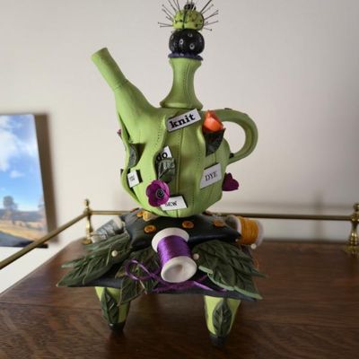 Sale Photo Thumbnail #124: Laura Peery Whimsical Studio Art Pottery Teapot – Sewing & Knitting Theme – One Of A Kind