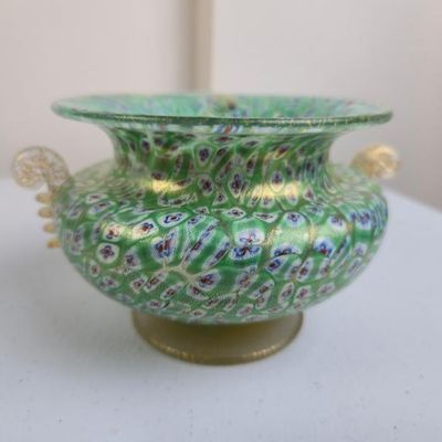 Sale Photo Thumbnail #134: Vintage Murano Millefiori Art Glass Bowl  Green Gold Aventurine  VR Label  Possible Vecchia Murano