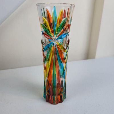 Sale Photo Thumbnail #132: DueZeta Venezia Italian Art Glass Vase – Multicolor Rainbow Cut Design – 7.5"