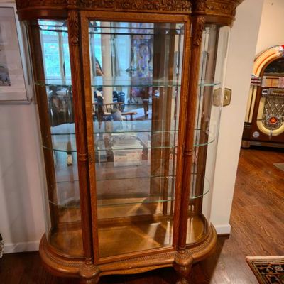 Sale Photo Thumbnail #139: Ornate Oak Bow Front Curio Display Cabinet With Curved Glass, Claw Feet & Glass Shelves – 67"