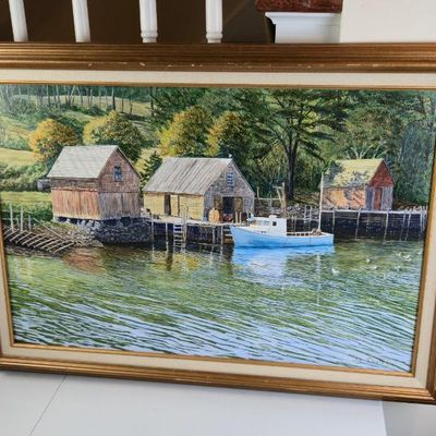 Sale Photo Thumbnail #151: M. Dwelley Signed Coastal Harbor Landscape Artwork – Fishing Village & Boat – Frame