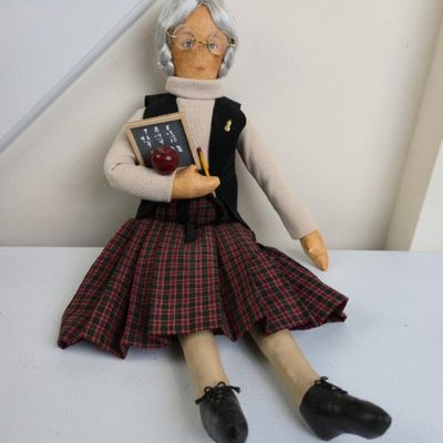 Sale Photo Thumbnail #138: Barbara Moore Signed 2003 Handmade Folk Art Schoolteacher Doll – 17" – Primitive Cloth Art