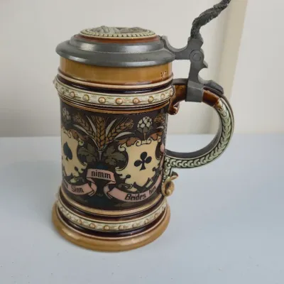 Sale Photo Thumbnail #11: Antique Villeroy & Boch Mettlach #1395 French Cards German Beer Stein – Pewter Lid – Circa 1900