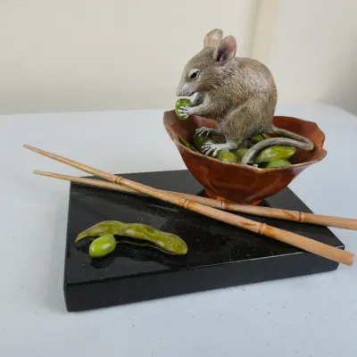 Sale Photo Thumbnail #4: Kim Kori "Moonlight Edamame" Bronze Sculpture – Mouse With Soybeans & Chopsticks