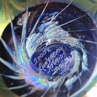 Sale Photo Thumbnail #81: Lundberg Studios Signed 2000 Iridescent Art Glass Vase – Pulled Feather Design – 8.5"