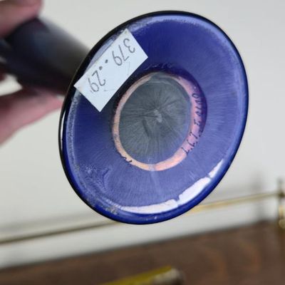 Sale Photo Thumbnail #101: Signed Blue Iridescent Art Glass Perfume Bottle With Stopper – 10.25"