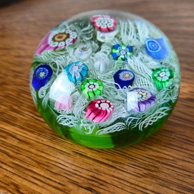 Sale Photo Thumbnail #75: Vintage Style Millefiori Art Glass Paperweight – Green With Colorful Flowers