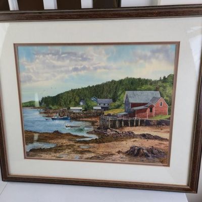 Sale Photo Thumbnail #145: Michael Davidoff Signed Coastal Fishing Village Landscape Artwork – Framed